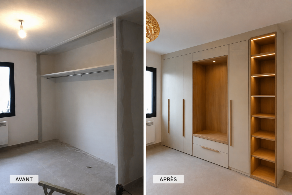 Avant/après transformation d'un espace en meuble de rangement bois sur mesure